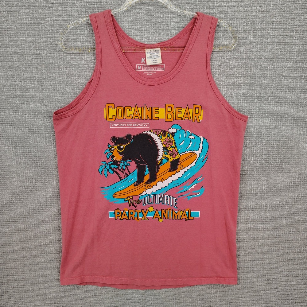 Comfort Wash Cocaine Bear Tank Top Men Medium Pink Graphic Sleeveless Cotton